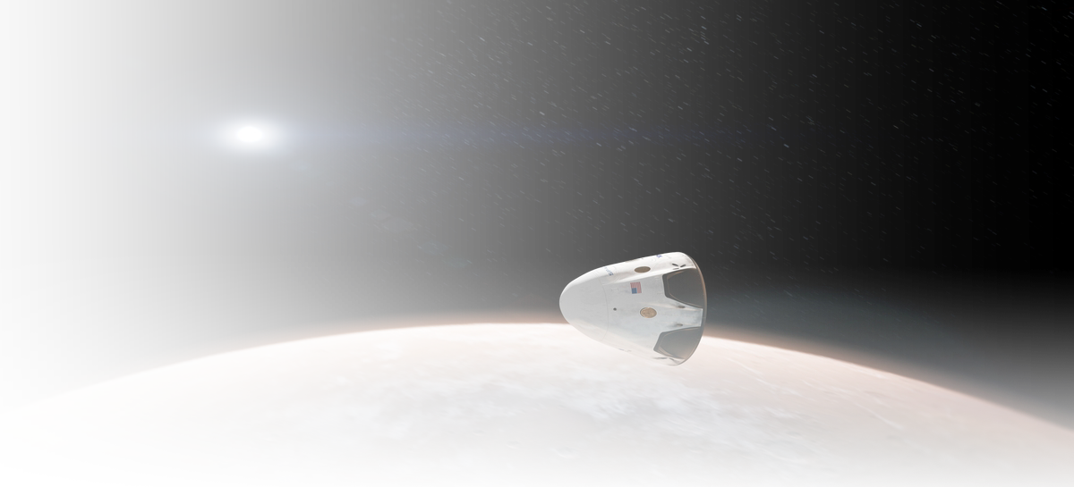 SpaceX Dragon spacecraft navigating in space with a large planet in the background